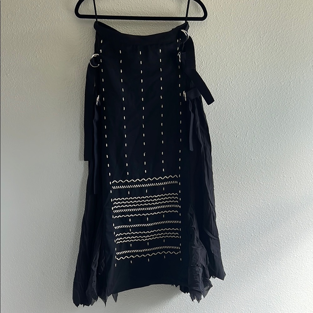 Marithe Francois Girbaud black embroidered maxi skirt, side buckle straps USA 29